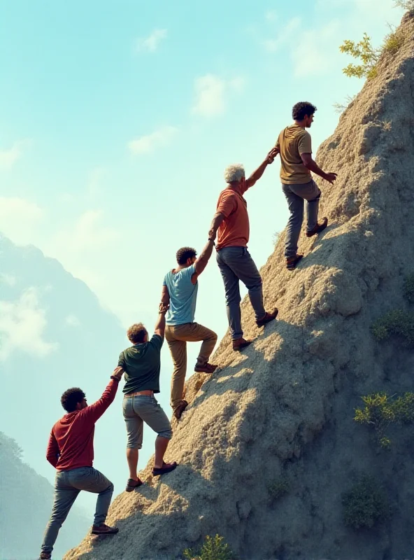 Diverse group of people helping each other climb a mountain