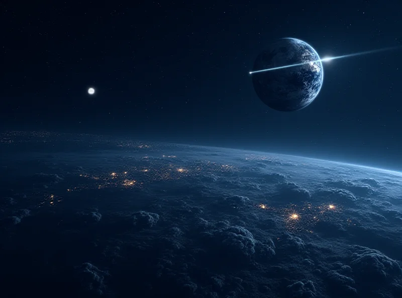 Digital art depicting an asteroid narrowly missing planet Earth, with visible city lights below.