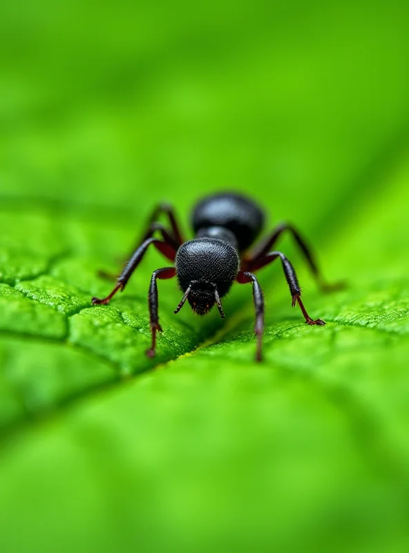 Close-up photograph of a velvet ant on a leaf, showcasing its intensely black exoskeleton.