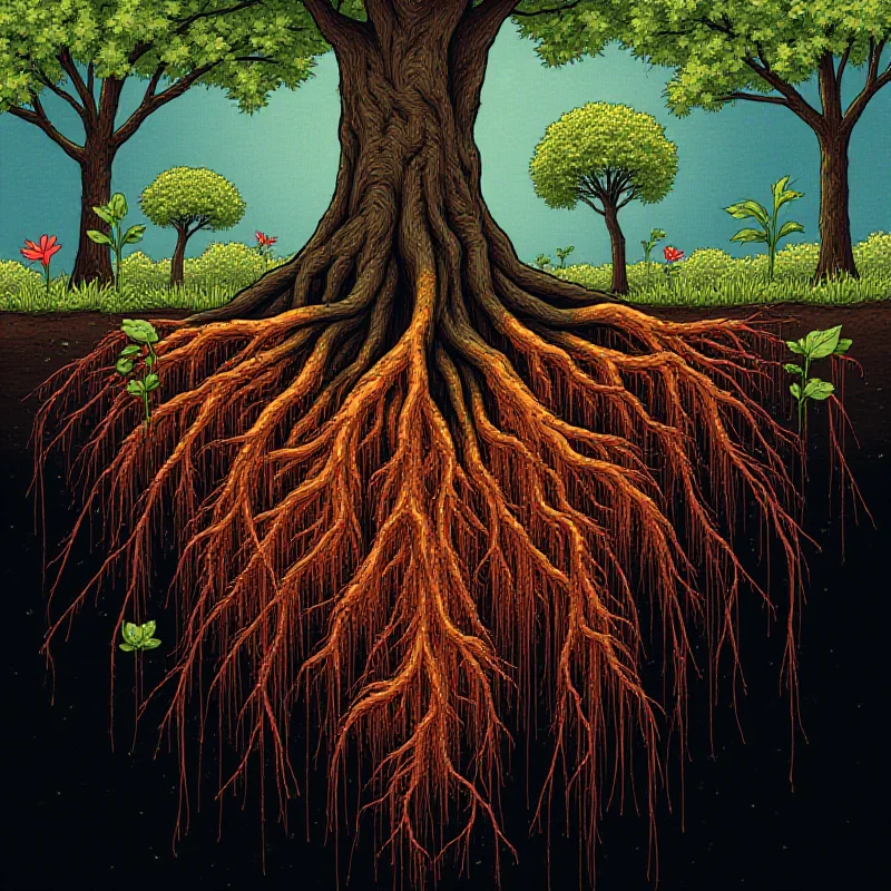 A detailed illustration of an underground fungal network connecting tree roots, with the soil and surrounding environment visible.