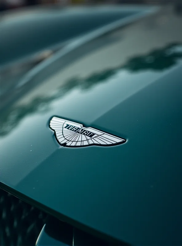 Close-up of the Aston Martin logo on the hood of a car, showing intricate detail and craftsmanship