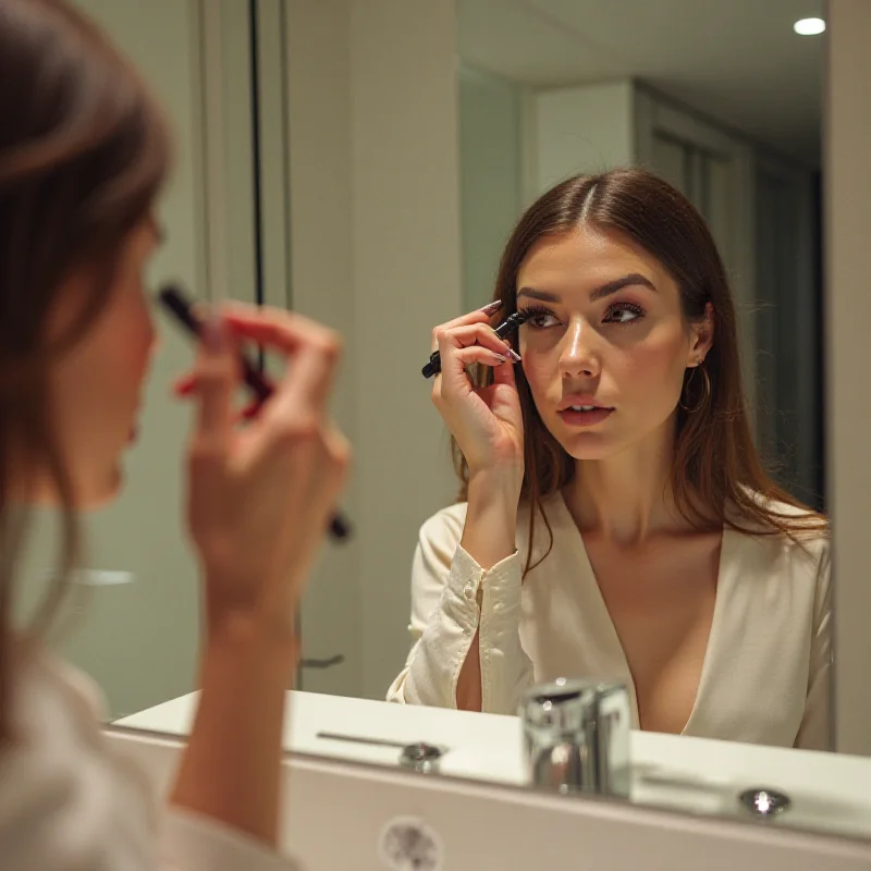 A young woman applying Louis Vuitton eyeshadow in a stylish setting.