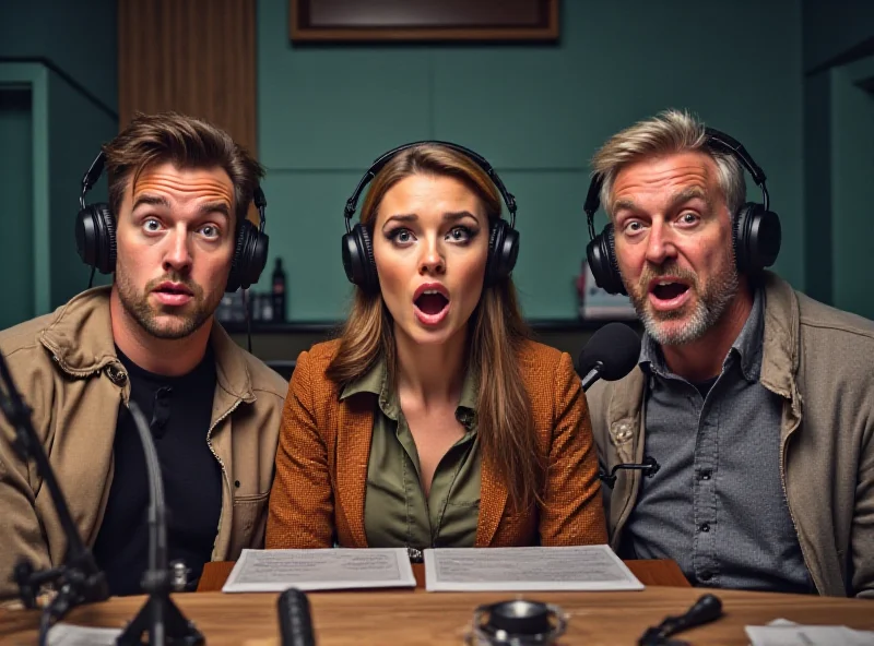 Three radio presenters in front of microphones, looking surprised and concerned.