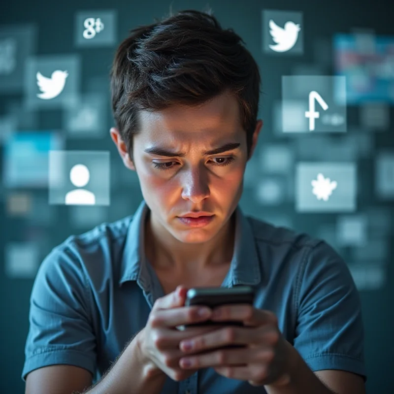 A person looking at their phone with a concerned expression, surrounded by social media icons.