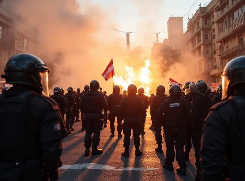 Protesters clashing with police in Athens, Greece. Smoke and tear gas fill the air as demonstrators confront officers in riot gear.