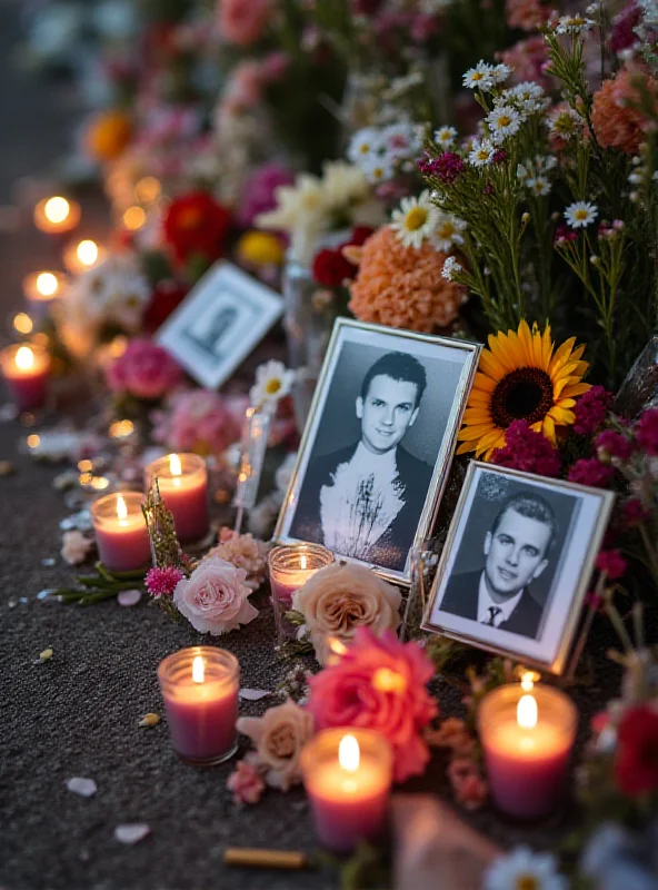 A memorial site at the location of the Tempe train crash. Flowers, candles, and photographs of the victims are arranged around the tracks, creating a somber scene of remembrance.