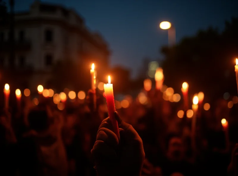 A group of people holding candles in the dark, at a vigil for the victims of the train crash. Their faces are illuminated by the candlelight, showing a mix of sadness and determination.