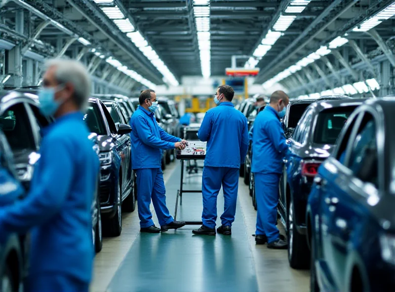 An assembly line inside the Audi factory in San José Chiapa, Mexico. Workers are assembling electric vehicles, and the factory is clean and modern.