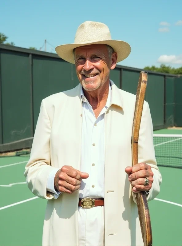 Fred Stolle holding a tennis racket on a tennis court