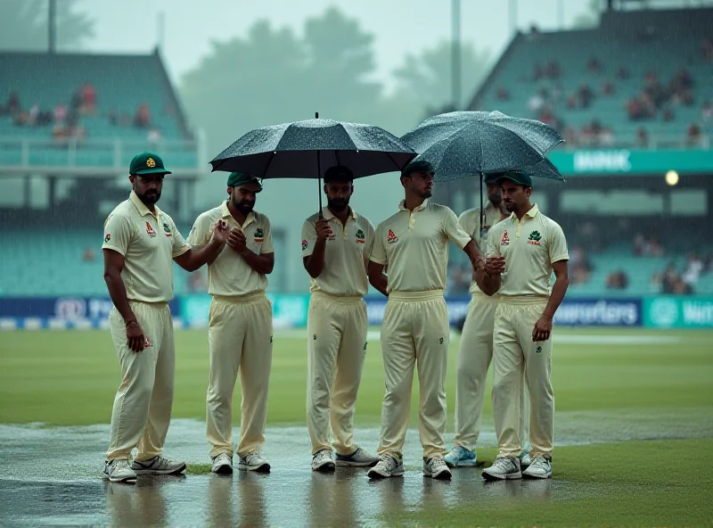 Rain falling on a cricket field in Lahore during a Champions Trophy match, with players huddled under umbrellas.