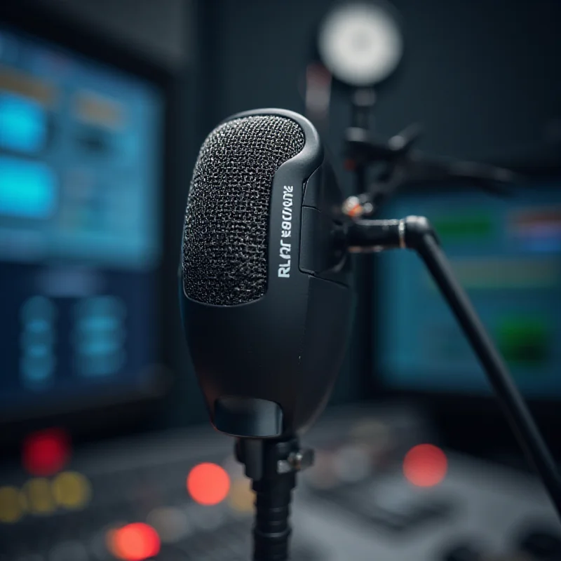 A microphone in a radio studio with a blurred background of broadcasting equipment.