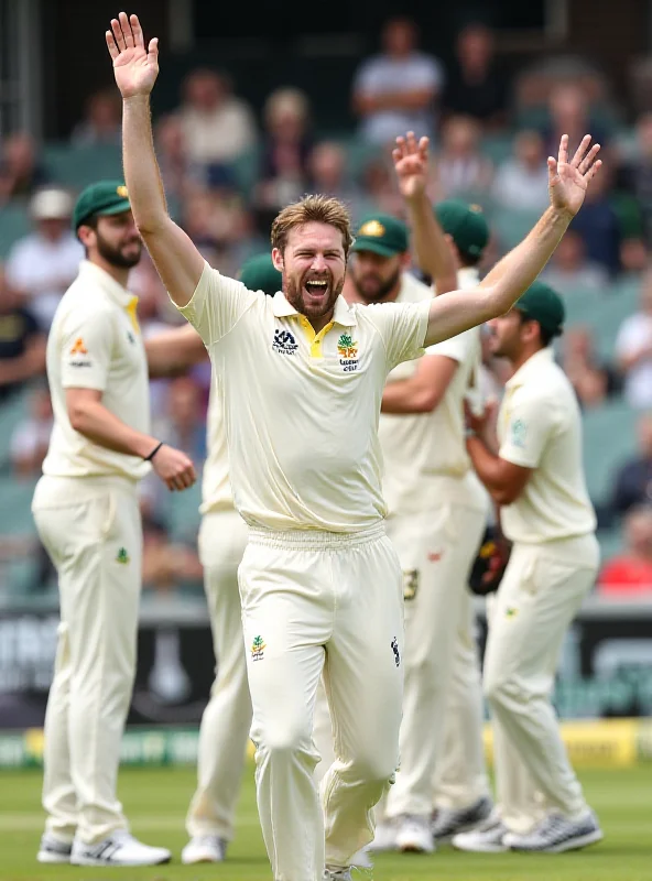 Spencer Johnson celebrating a wicket during a cricket match, with other players congratulating him.