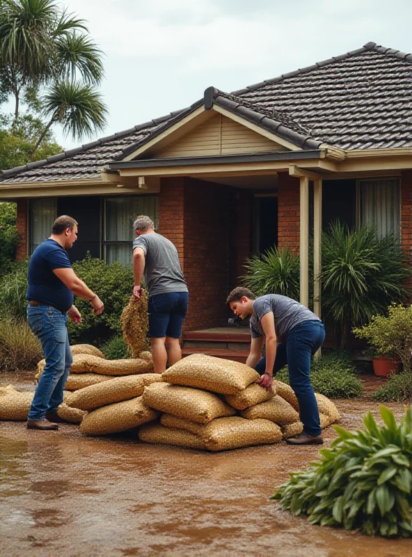 A family securing their home with sandbags in preparation for a cyclone.