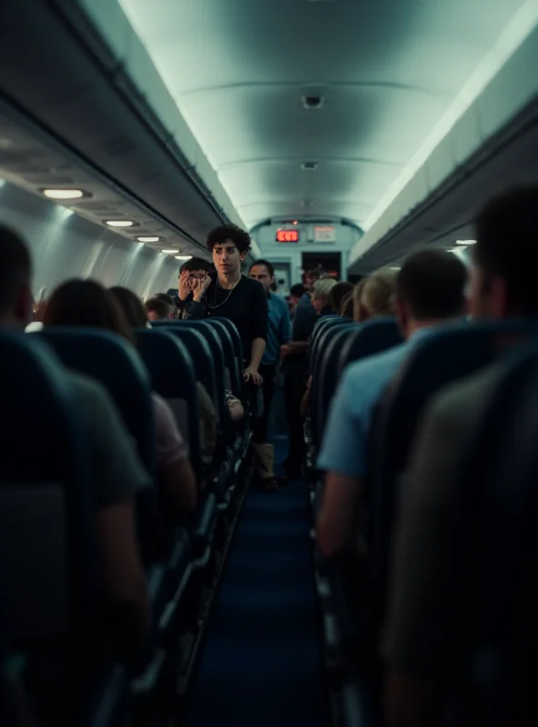 Interior of an airplane with passengers looking concerned.