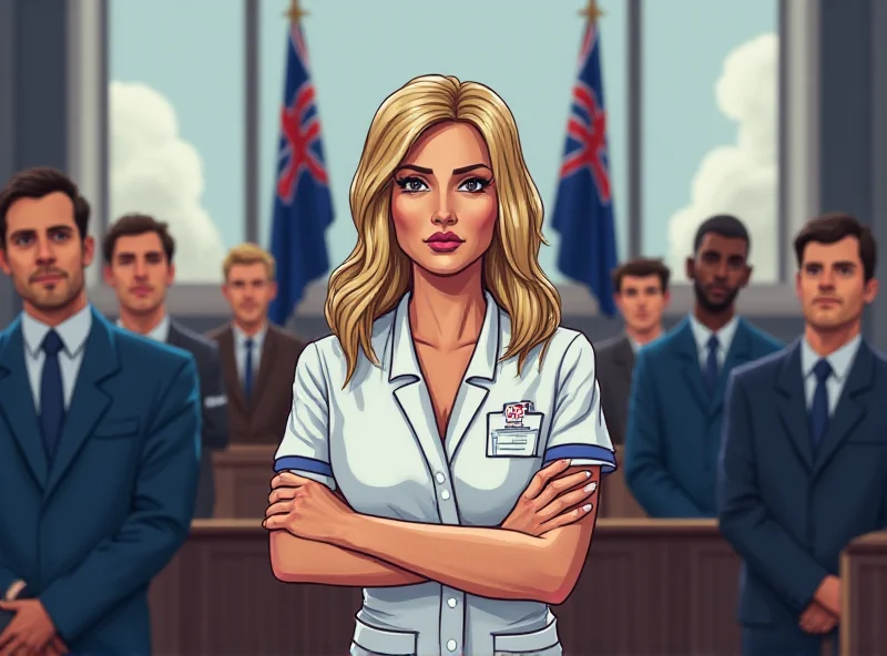 Illustration of a courtroom scene with a nurse in the defendant's seat, surrounded by lawyers and court officials. The background shows a blurred Australian flag.