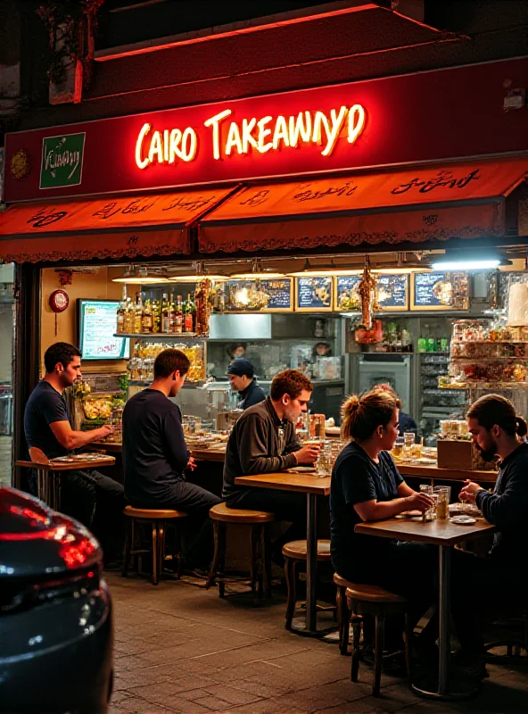 A busy Middle Eastern restaurant in Newtown, Sydney, with people dining and working. Focus is on the name 'Cairo Takeaway' on the storefront. The scene is vibrant and multicultural.