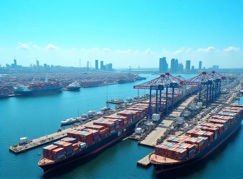 Aerial view of the Sydney port with numerous cargo ships and containers. Focus on the containers being unloaded and loaded onto trucks. The sky is clear blue.