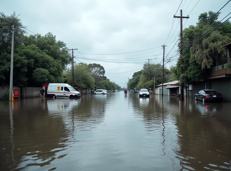 A flooded street in Australia after a cyclone, with emergency vehicles visible.