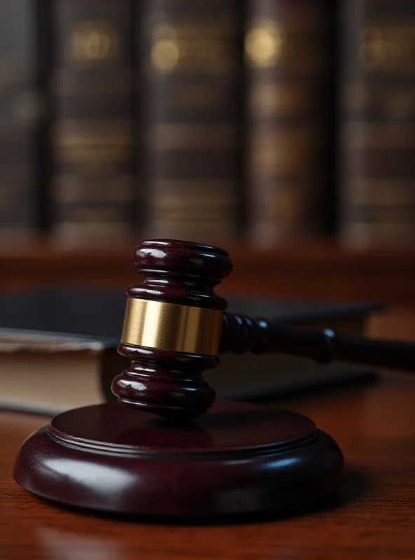 A gavel resting on a stack of law books in a courtroom setting.