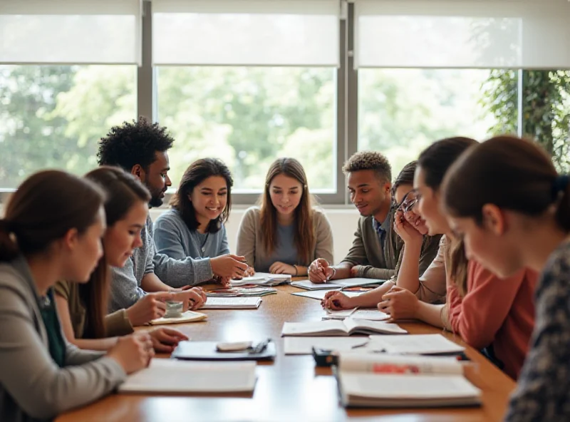 A diverse group of students studying together in a modern classroom.