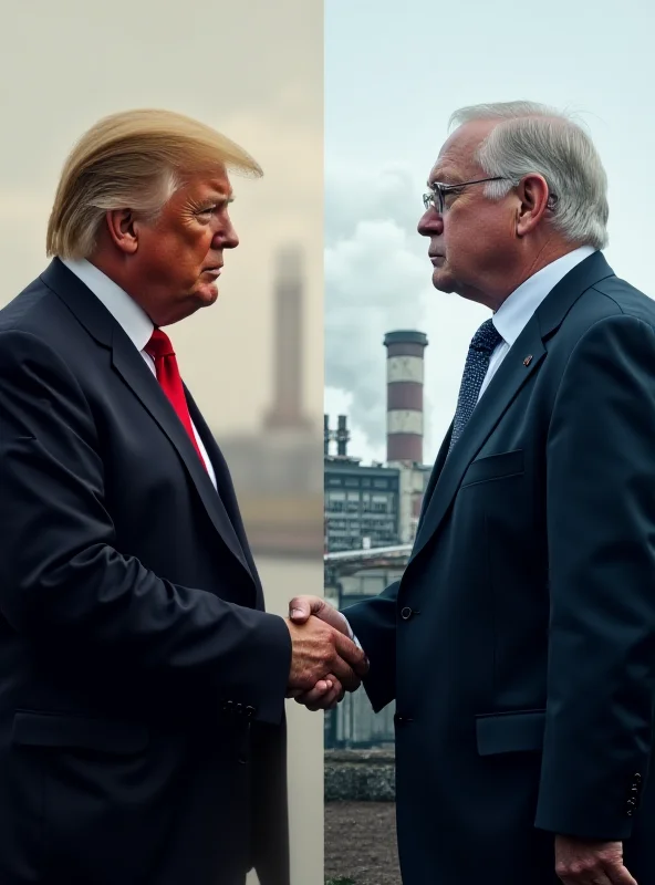 A split image. On the left, Donald Trump shaking hands with Anthony Albanese. On the right, a steel factory with smoke billowing from the chimneys.