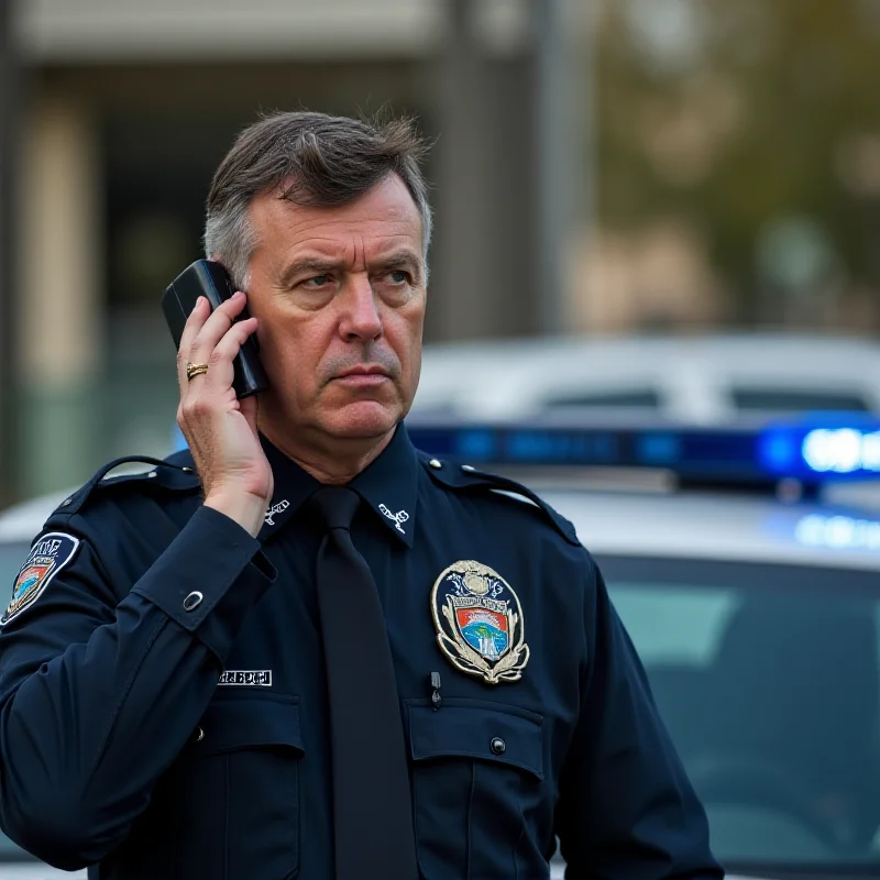 Close-up of an Australian police officer talking on a radio, with a police car in the background.