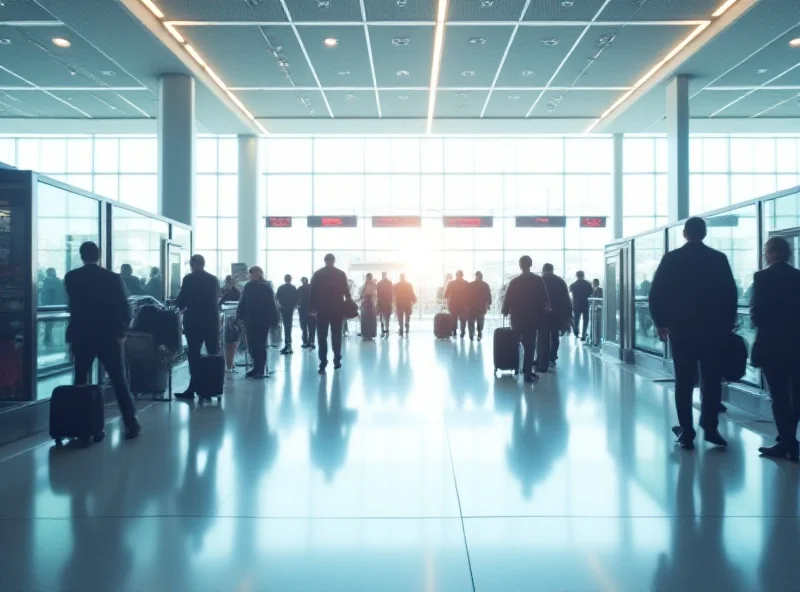 A modern airport terminal with security checkpoints and passengers walking around.