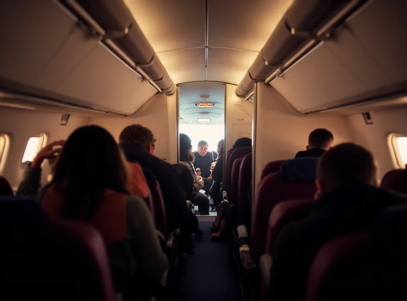 Interior of an airplane cabin with passengers seated, overhead compartments, and a sense of travel and motion.