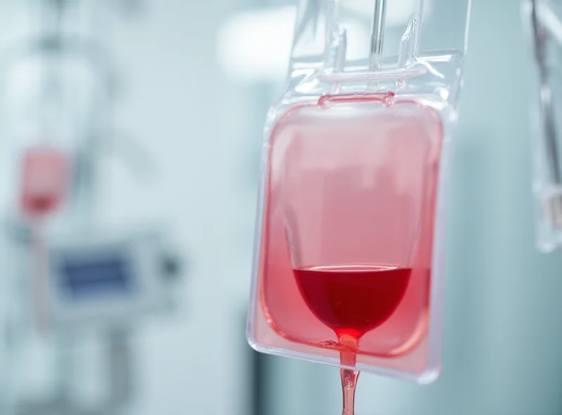 A close-up image of a blood donation bag being filled with blood.