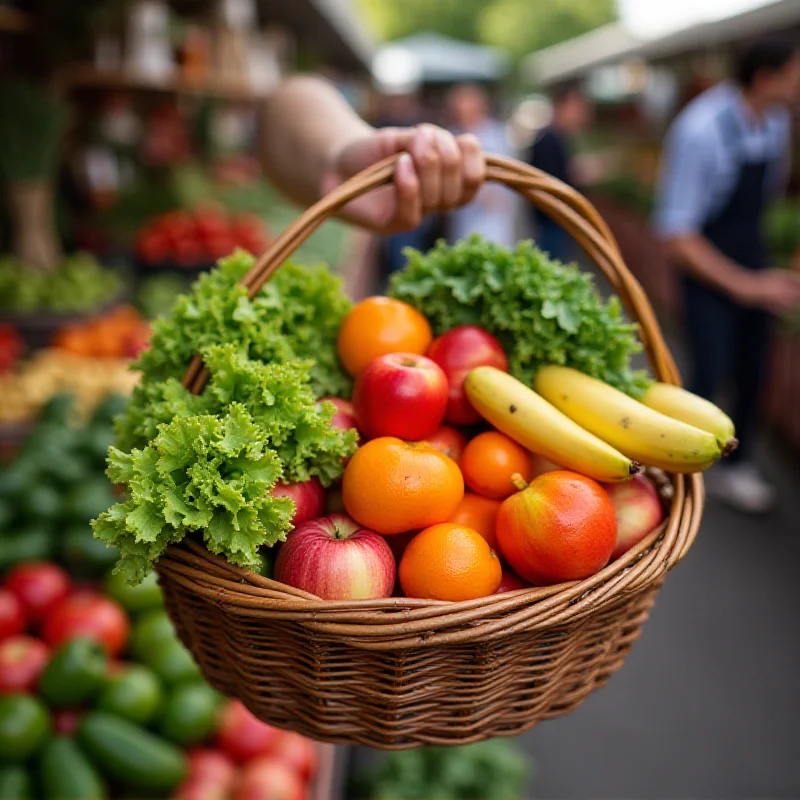 A person holding a variety of fresh fruits and vegetables in a market, showcasing healthy eating options.