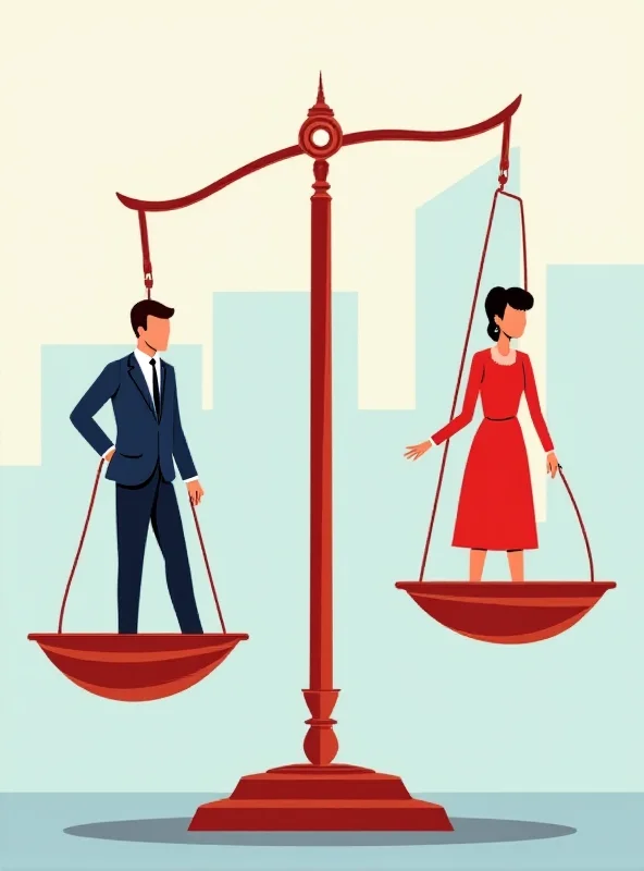 Stylized illustration showing the gender pay gap, with a scale tilting towards men earning more than women