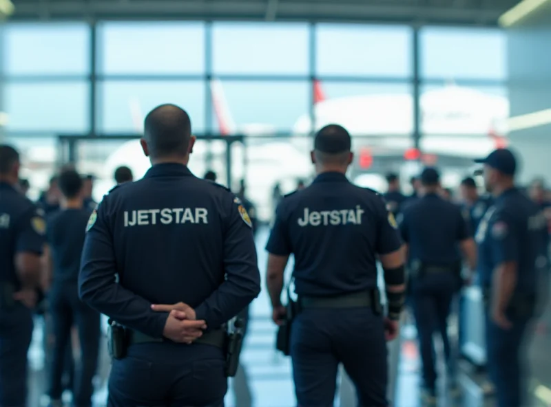 Police officers at an airport terminal, with a blurred Jetstar airplane in the background