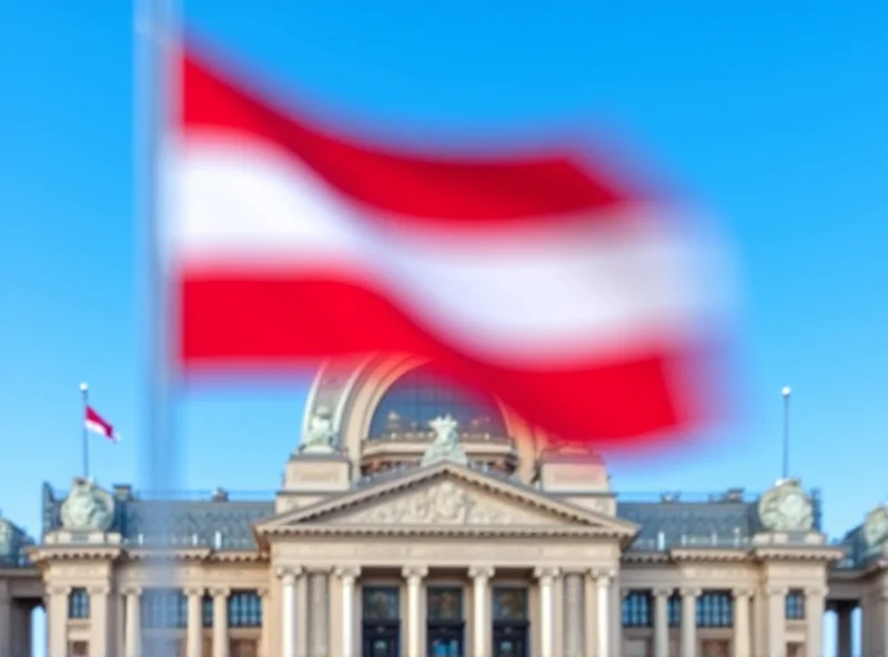 Image of the Austrian flag waving in front of the parliament building.