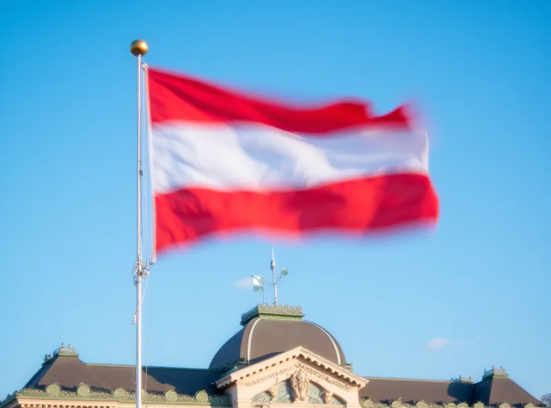 Image of the Austrian flag waving in front of the Austrian Parliament building in Vienna.