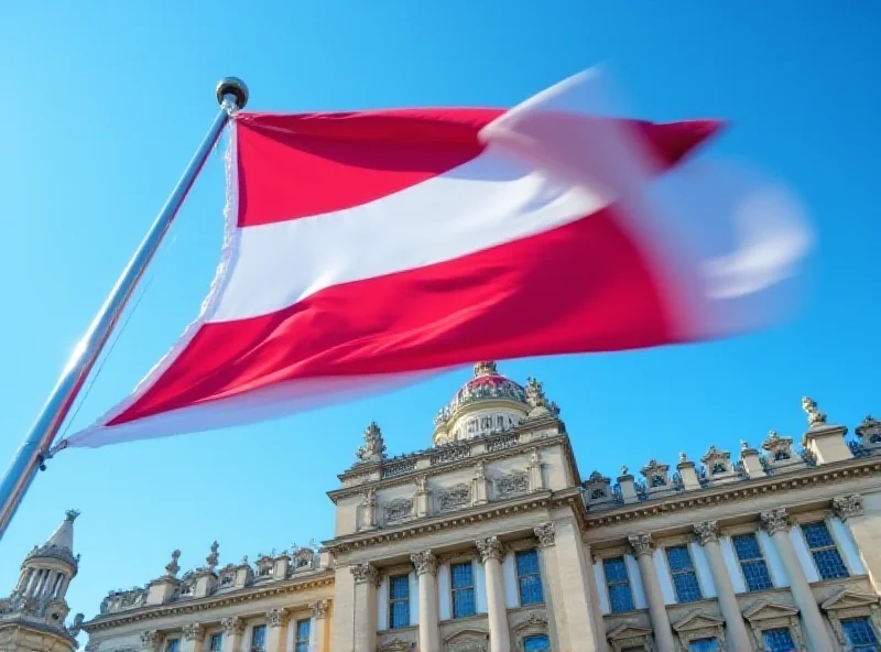 Austrian flag waving in front of the Austrian Parliament building in Vienna.