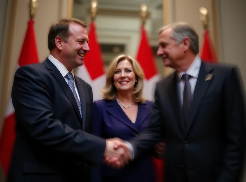 Leaders of the ÖVP, SPÖ, and NEOS parties shaking hands in front of the Austrian flag.