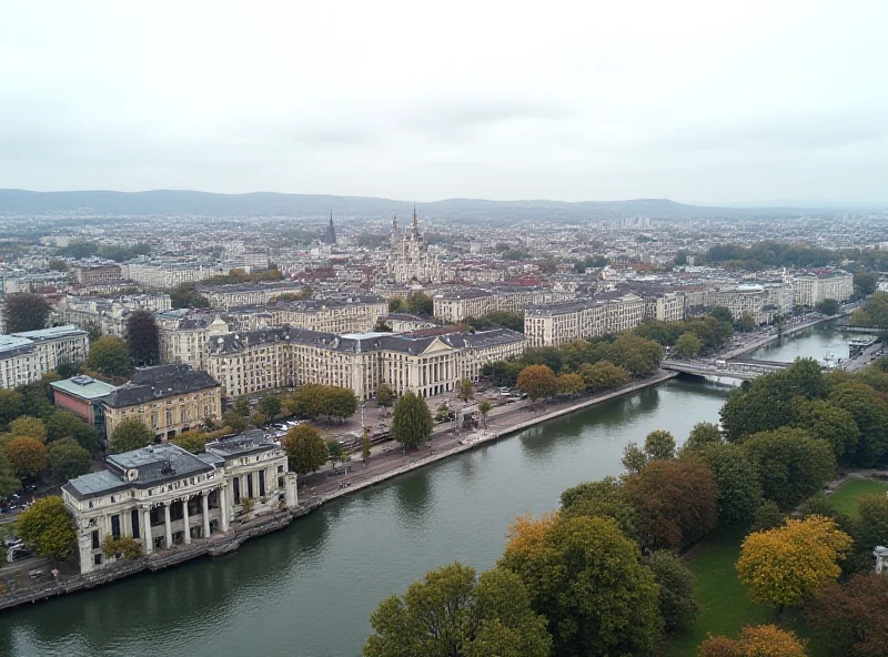 Aerial view of Vienna, Austria, with iconic buildings and landmarks under a cloudy sky.