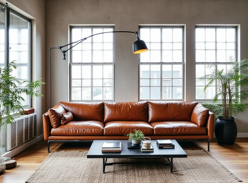 A modern living room featuring a leather sofa and steel pipe accents.