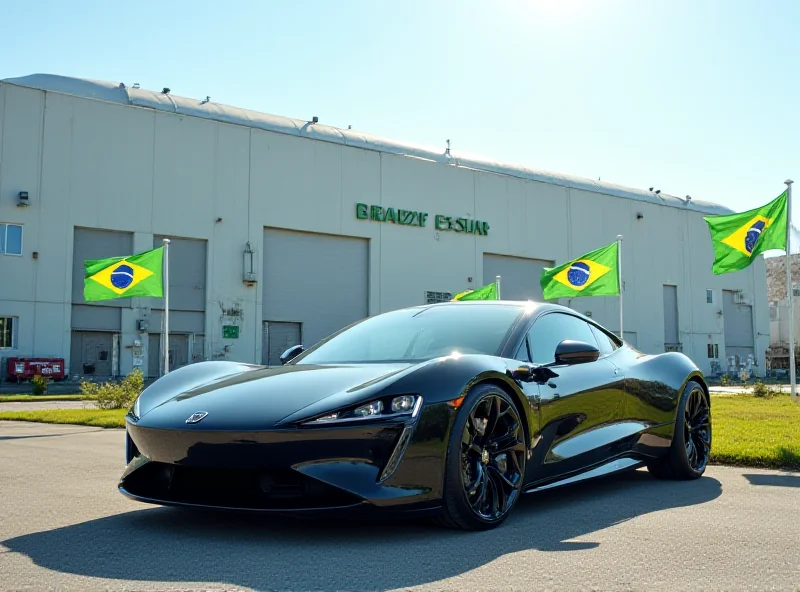 A modern electric car parked in front of a factory with Brazilian flags waving in the background.