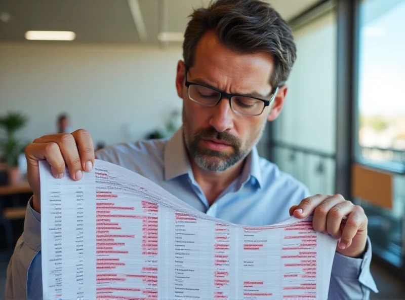 A worried business owner in Colorado looking at a spreadsheet with increasing costs highlighted in red.