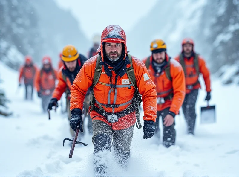 A group of rescue workers braving heavy snowfall and difficult terrain as they search for survivors.