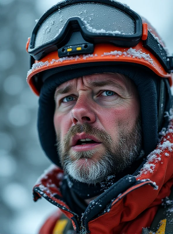 A close-up shot of a rescue worker's face, showing determination and concern amidst the challenging rescue operation.