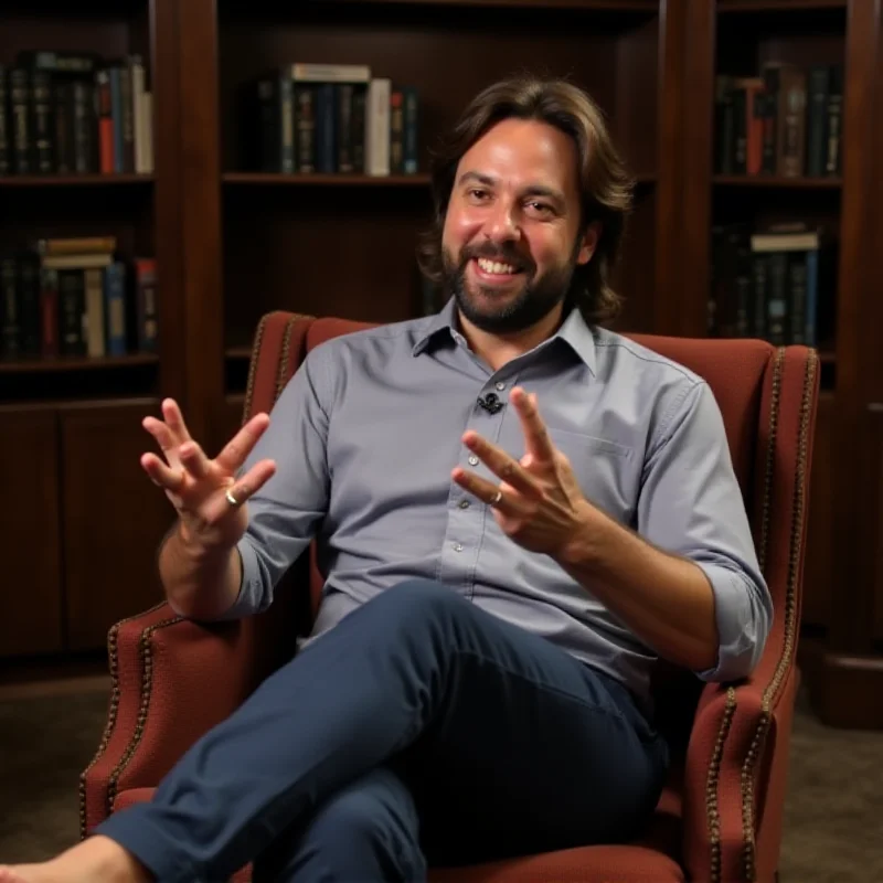 Vivek Ramaswamy sitting in a chair, smiling, with his bare feet visible.