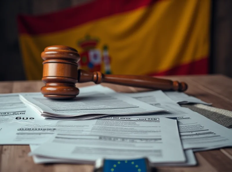 Illustration of a gavel hitting a stack of documents with tax forms and euro symbols scattered around. The background is blurred and suggests a courtroom setting.