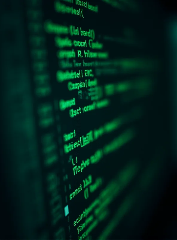 A close-up image of a computer screen displaying lines of code and data. The focus is sharp on the code, with a blurred background hinting at a hacker's den or a data center.