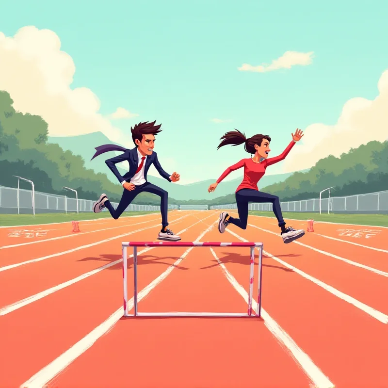 A digital illustration of a race track with hurdles representing different tax policies. Two figures, one representing Ayuso and the other representing Sanchez, are shown racing on the track.