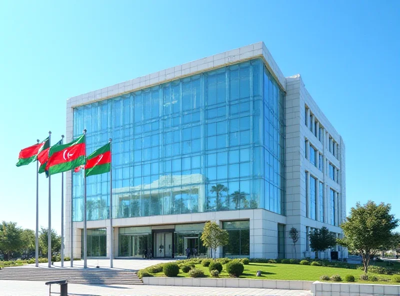 Exterior view of the Central Bank of Azerbaijan building in Baku on a sunny day.