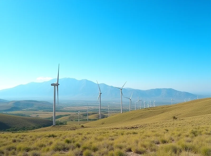 Panoramic view of the Nakhchivan region with modern wind turbines in the foreground and the Caucasus Mountains in the background.