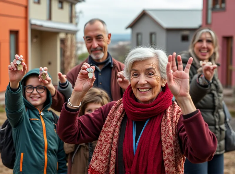 A group of smiling Azerbaijani people, including children and elderly individuals, stand in front of newly constructed or renovated houses in Hasanriz village. They are holding keys and waving.