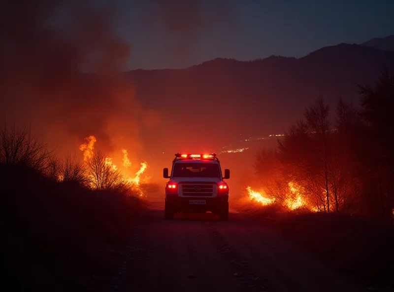 A nighttime scene showing a fire burning along a border area with a distant mountain range in the background. Azerbaijani emergency vehicles are present, and firefighters are working to extinguish the flames. The image is slightly blurred to convey a sense of urgency and distance.